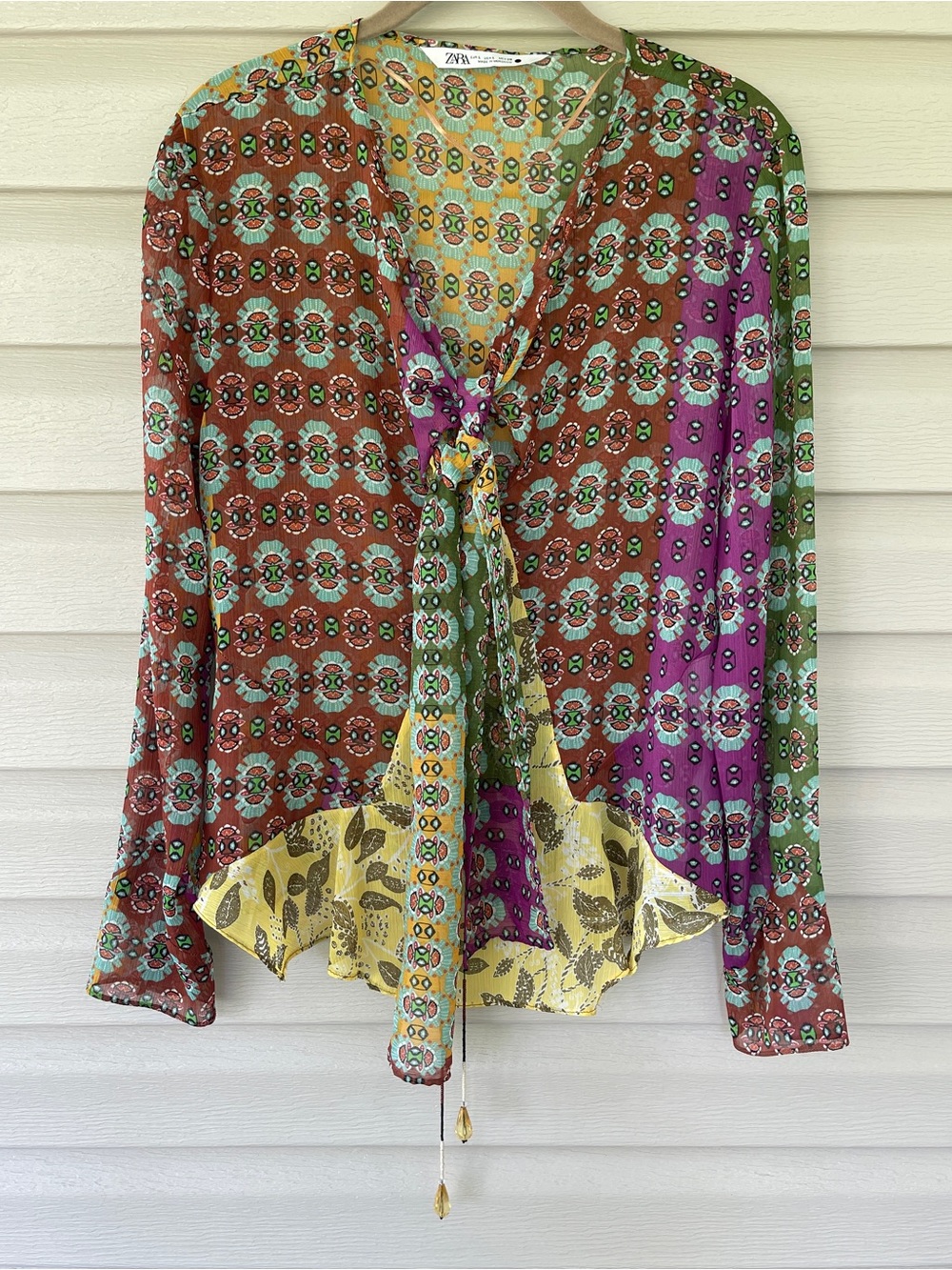 Zara Multicolor Sheer Geometric Print Tie Front Long Sleeve Top Size Large